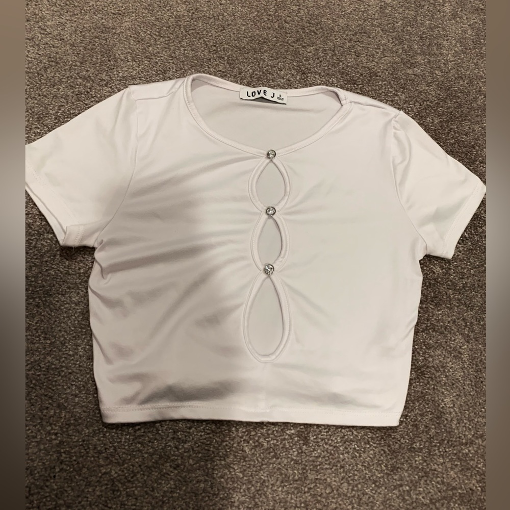 Rhinestone Button White Top